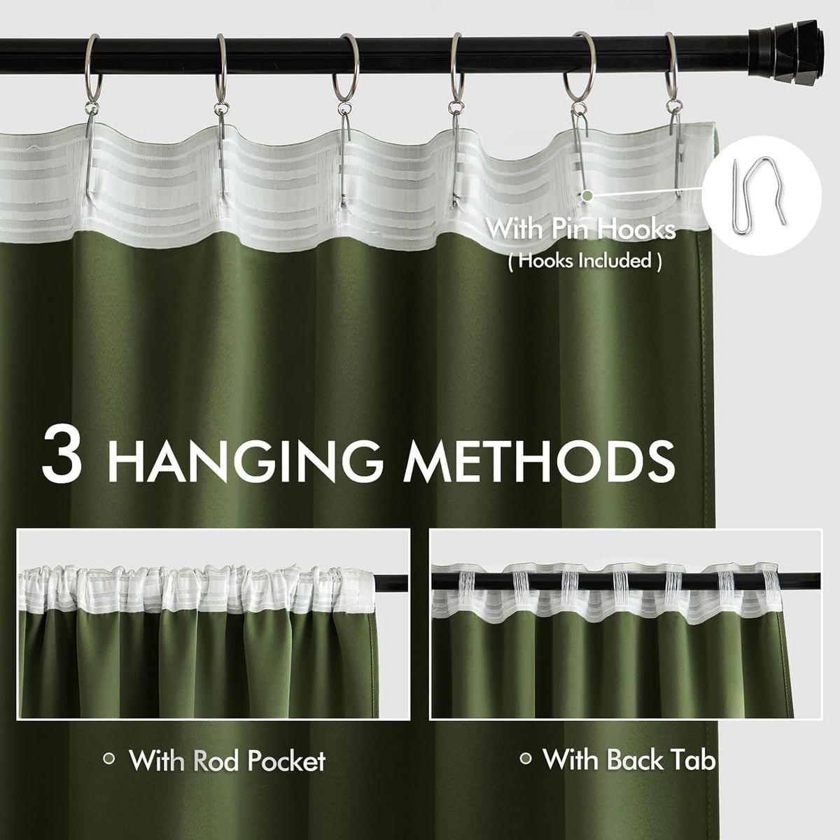 MIULEE Olive Green Back Tab Blackout Curtains 108 Inch Long 2 Panels Set for Bedroom, Rod