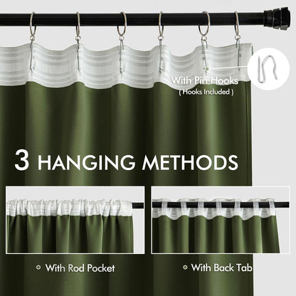 MIULEE Olive Green Back Tab Blackout Curtains 90 Inches Long 2 Panels Set for Living Room Bedroom