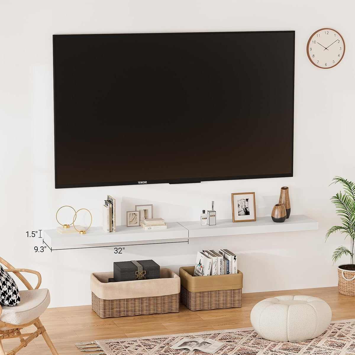 Heimlove 32 Inch Floating Shelves for Wall,White 9.3" Deep Floating Shelf Set of 2,Wall Mounted
