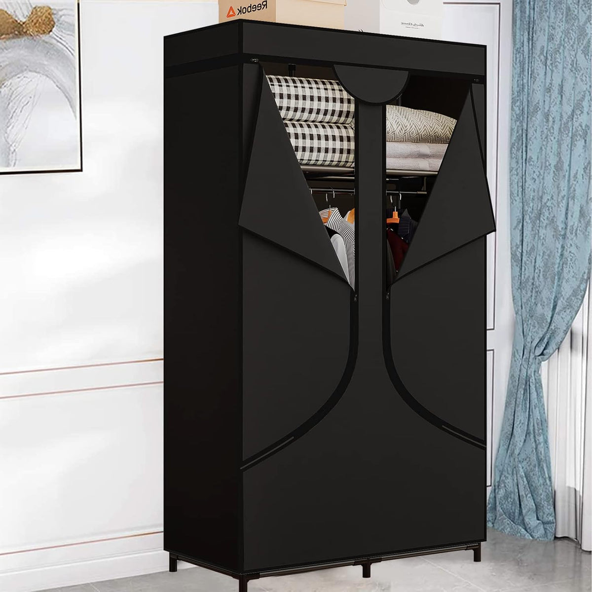 SORCEDAS Portable Wardrobe Closet Storage Organizer Metal Hanging Rack Non-Woven Fabric 34 Inch