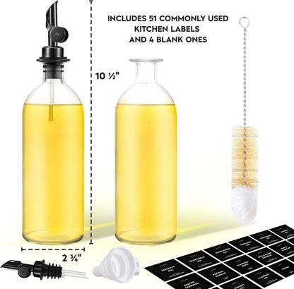 Olive Oil Dispenser Bottle - Includes 55 Kitchen Essential Labels - Cooking Oil Bottles for