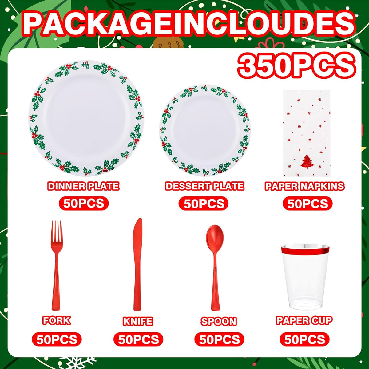 WDF 350pcs Christmas Plates and Napkins Set - Exquisite Holly Design - Christmas Dinnerware Set of