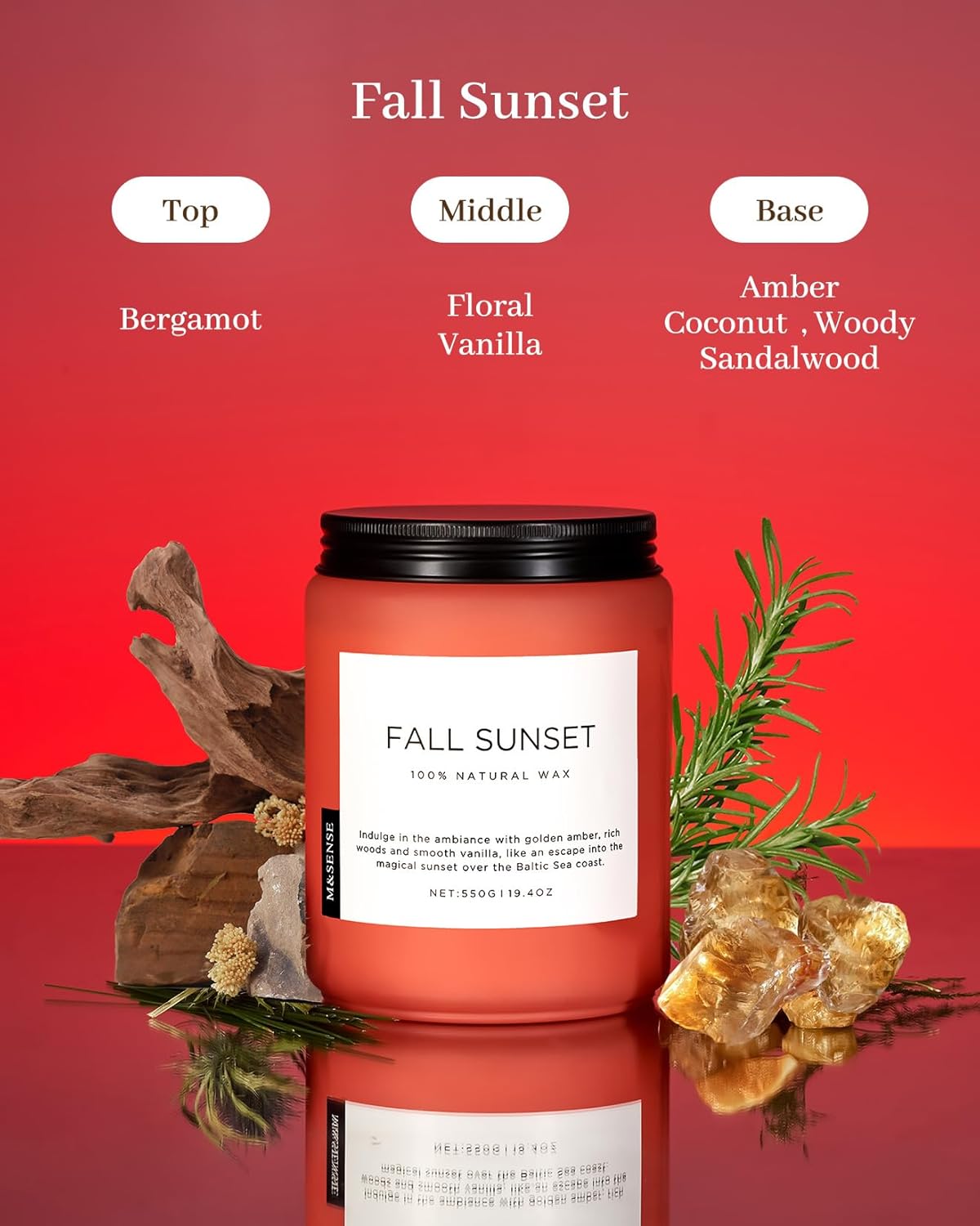 M&SENSE Fall Sunset Amber Scented 19.4oz 110 Hours Long Lasting Slow Burning Candle for