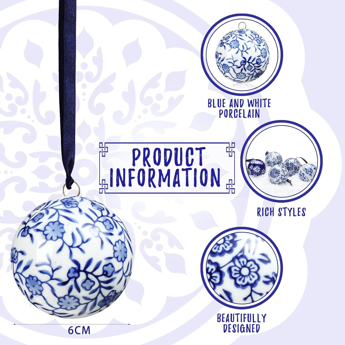 Cindeer 6 Pcs Blue and White Christmas Porcelain Balls 2.4 Inch Porcelain Chinoiserie Ornament Bulk