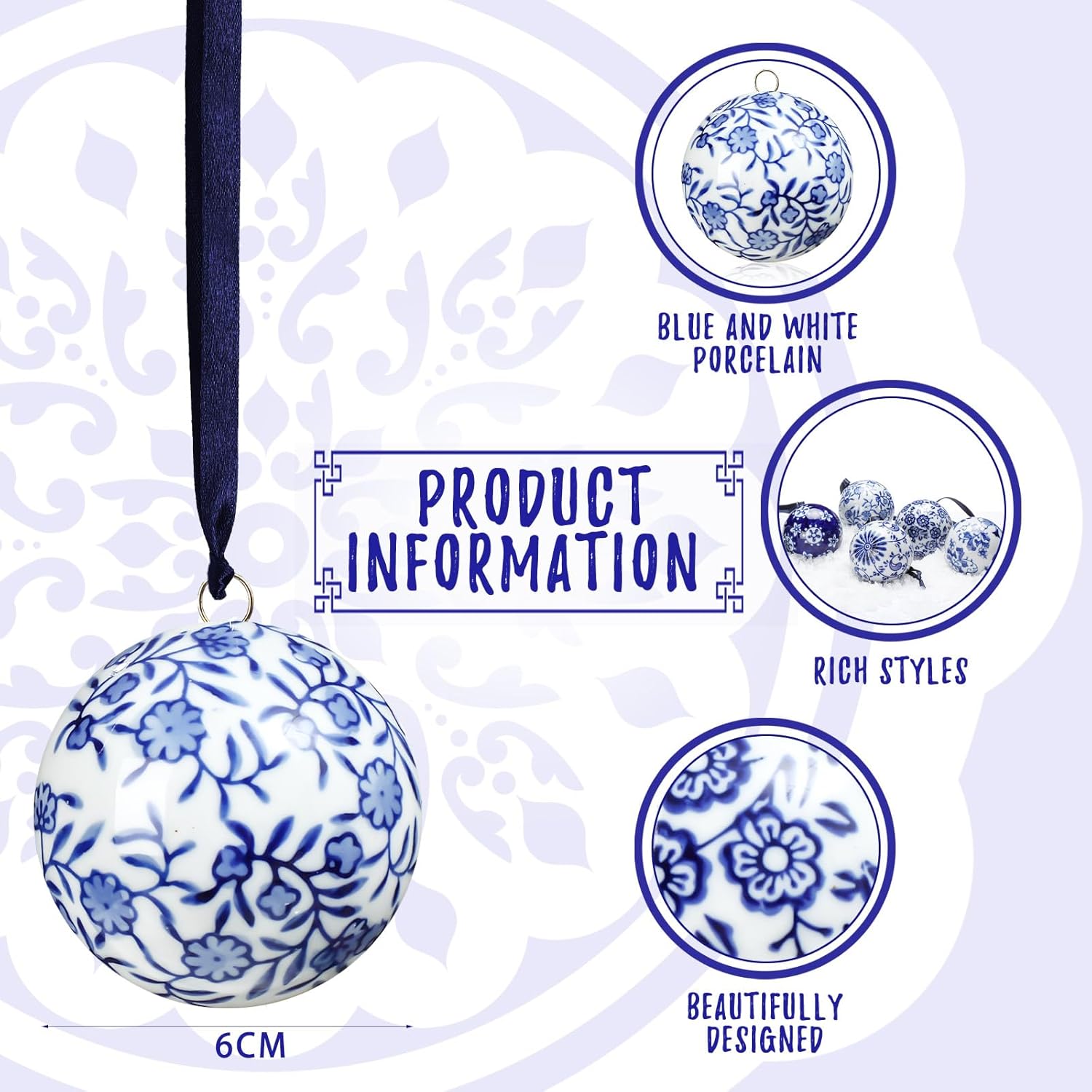 Cindeer 6 Pcs Blue and White Christmas Porcelain Balls 2.4 Inch Porcelain Chinoiserie Ornament Bulk