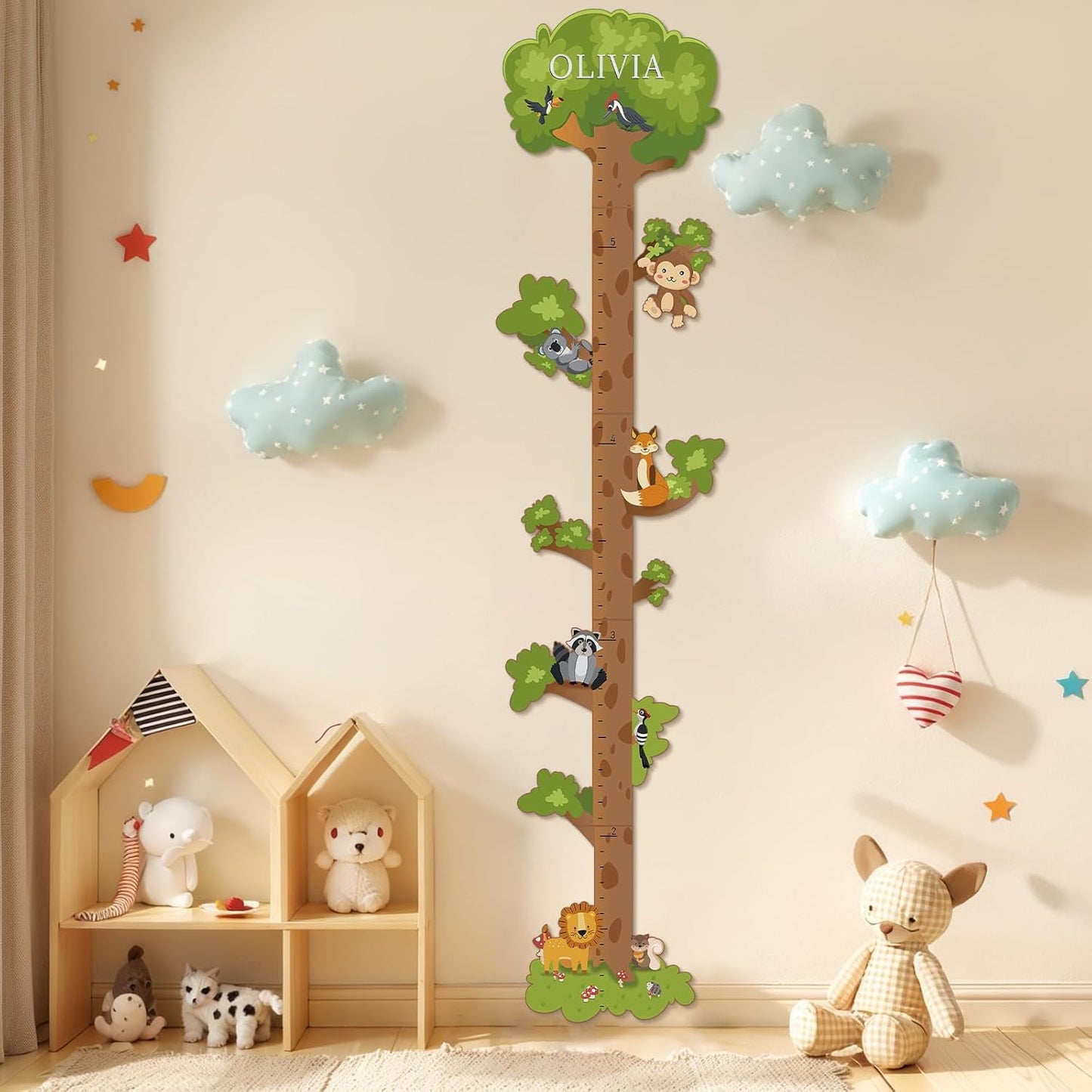 Wooden Surfboard Wall Decor Growth Chart,Tree Art Decor for Kids Room, Wood Tree Kids Sizing Chart