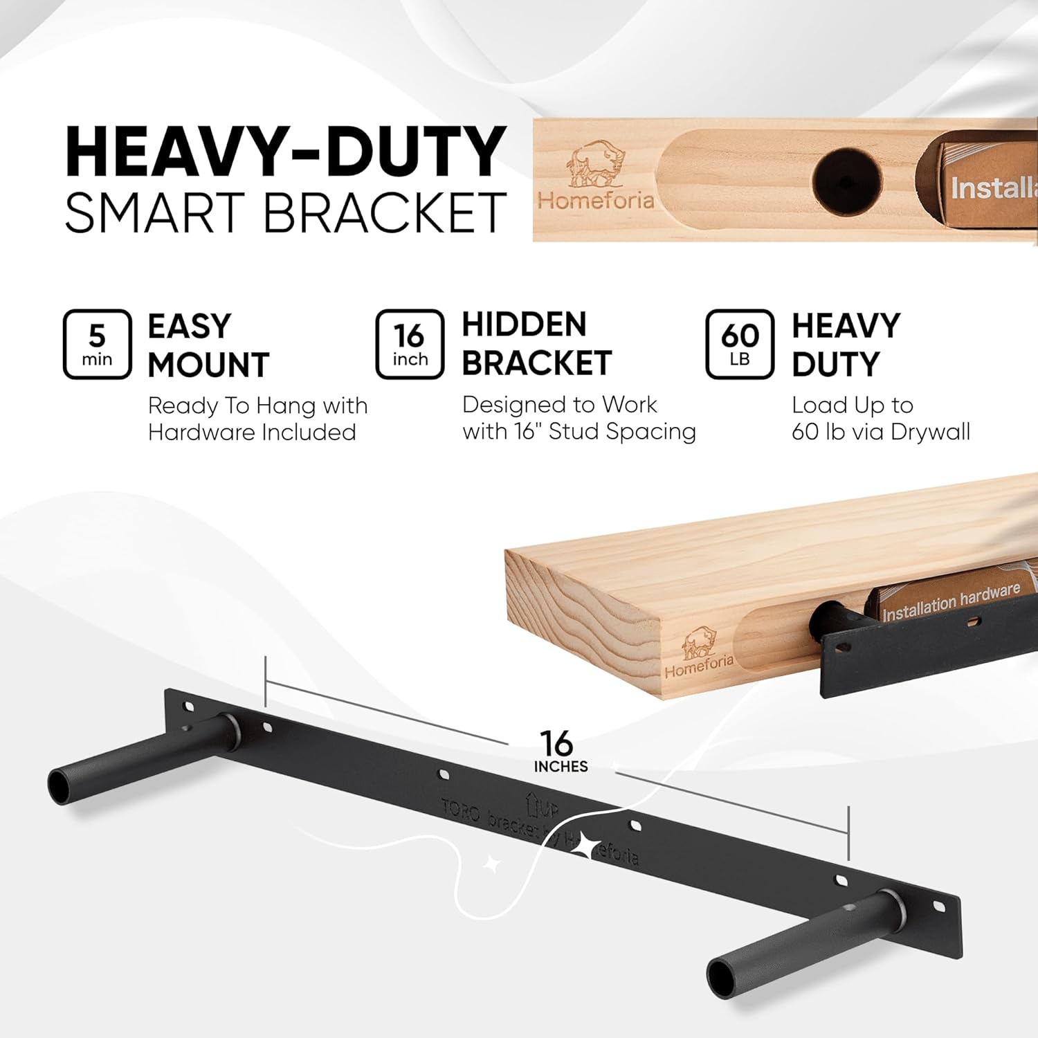 Homeforia Black Floating Shelves 36 inches Long, High End Solid Real Wood 36 inch Floating Shelf