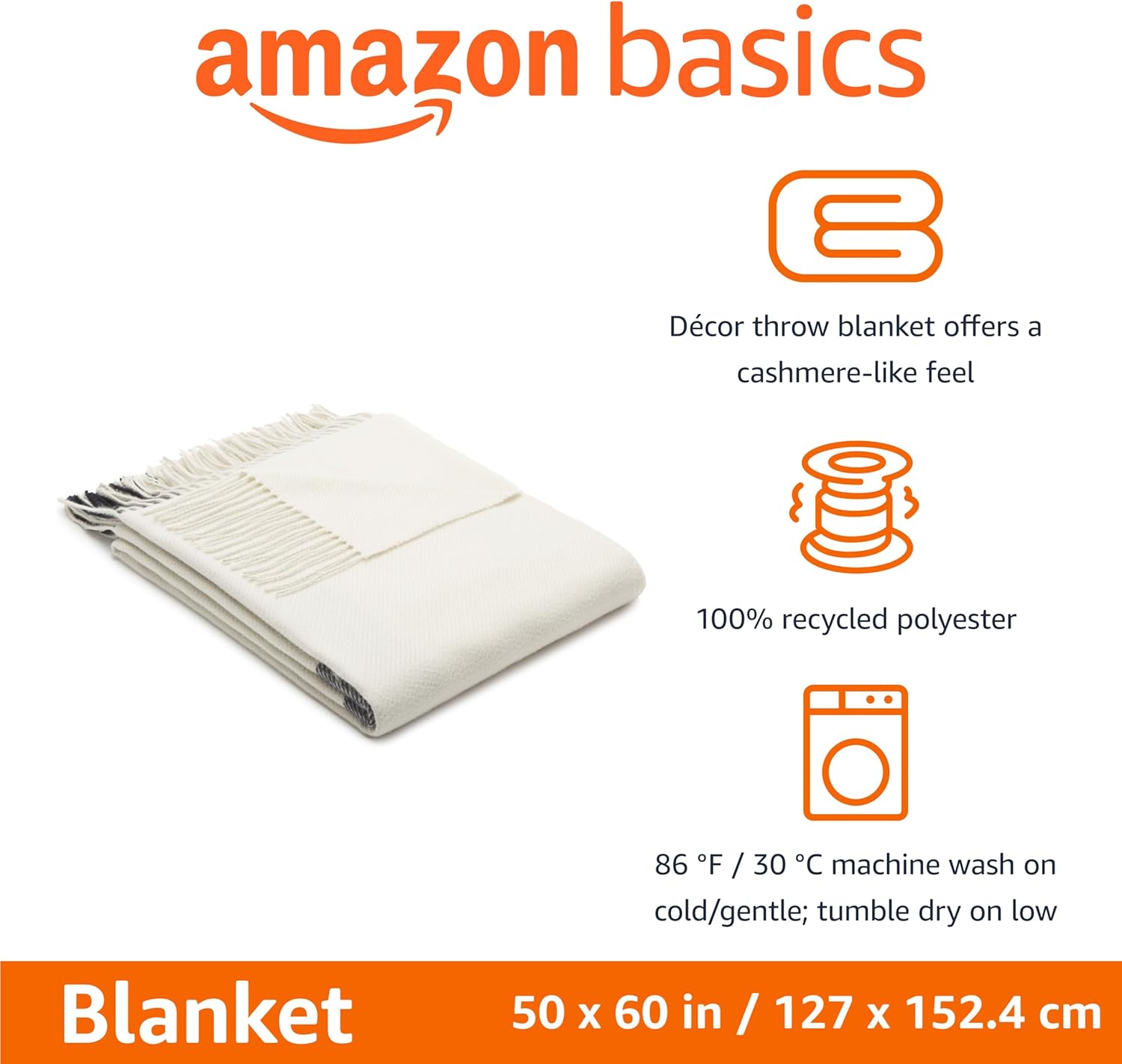 Amazon Basics Room Decor Throw Blanket, Lightweight and Cozy in Polyester, Ivory With Blue