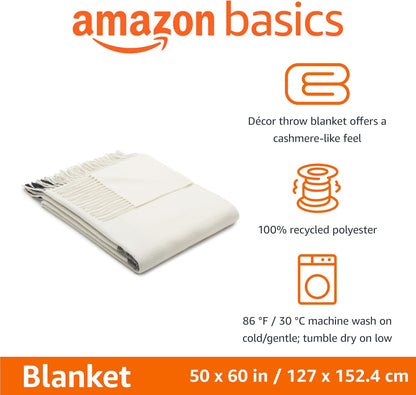 Amazon Basics Room Decor Throw Blanket, Lightweight and Cozy in Polyester, Ivory With Blue