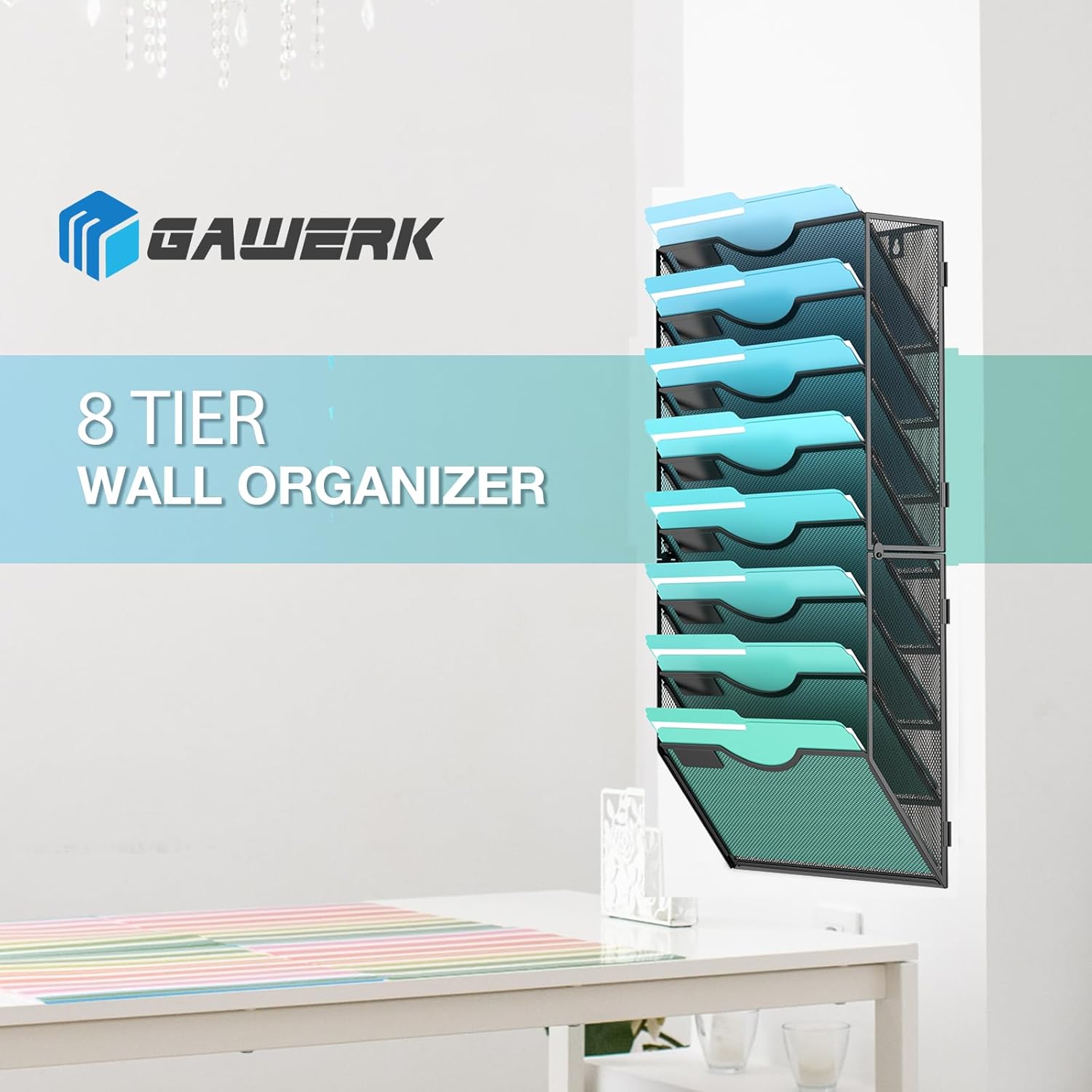 8-Tier Wall File Organizer Hanging Wall File Holder Wall Mount Paper Folder Organize, Mesh Magazine