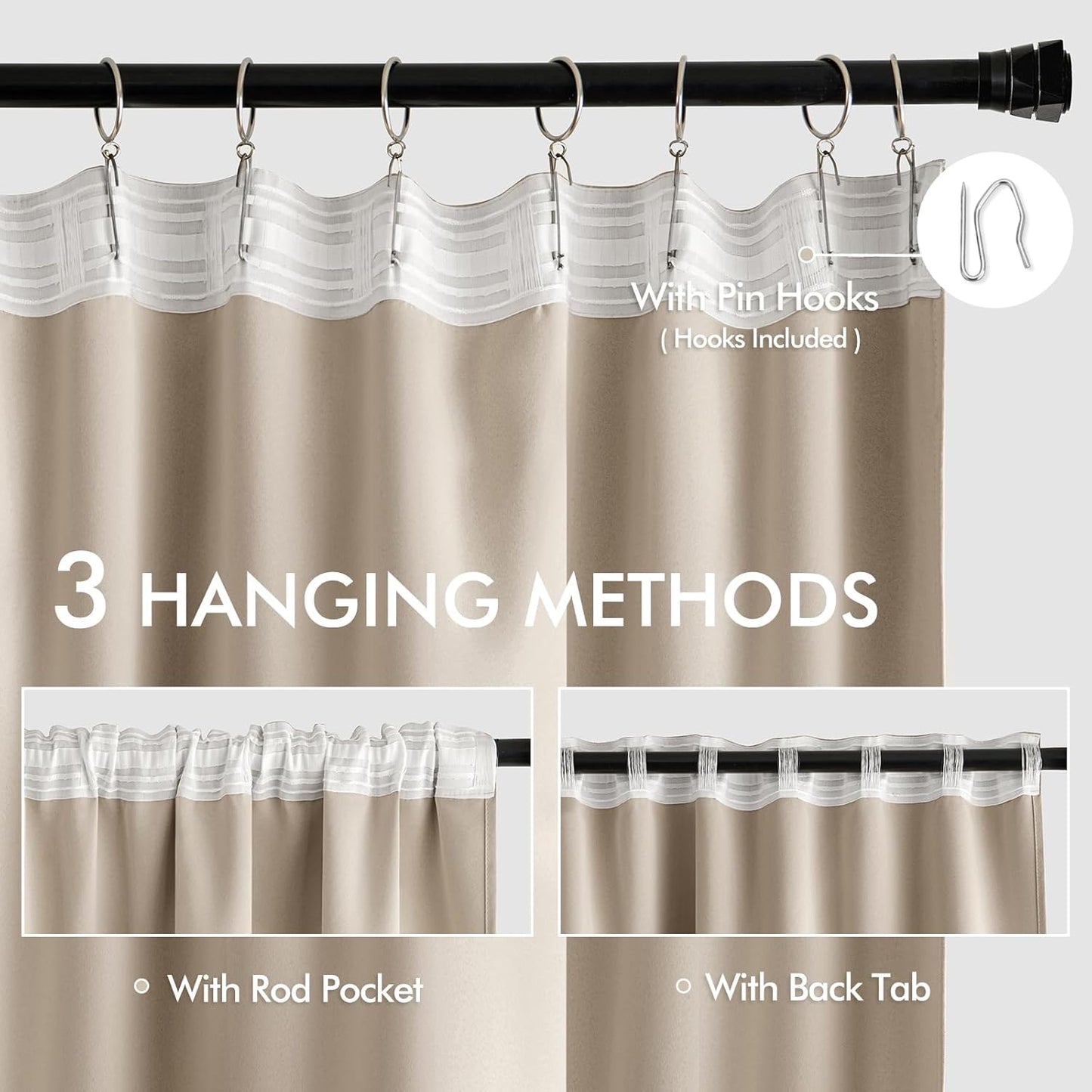 MIULEE Taupe Back Tab Blackout Curtains 63 Inch Length 2 Panels Set for Living Room Bedroom
