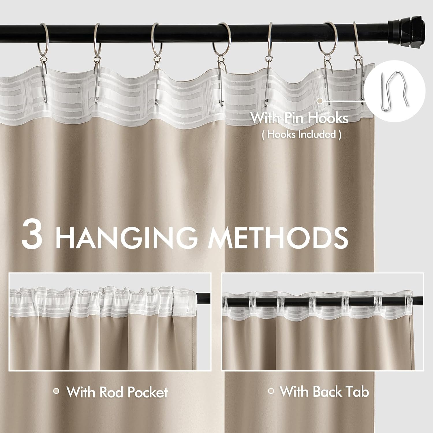 MIULEE Taupe Back Tab Blackout Curtain 96 Inch Long 2 Panels Set for Bedroom, Rod Pocket/Pinch