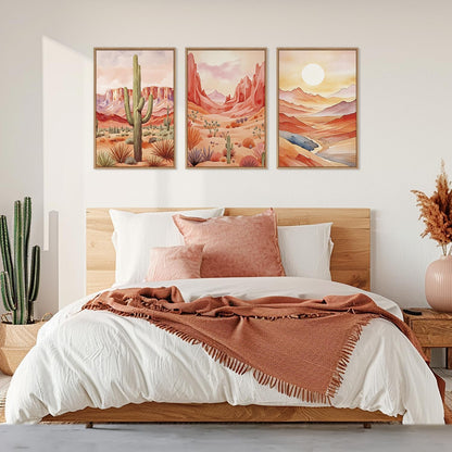 HLNIUC Boho Desert Plant Framed Canvas Wall Art Set,Southwestern Sun Mountain Wall Decor,Cactus