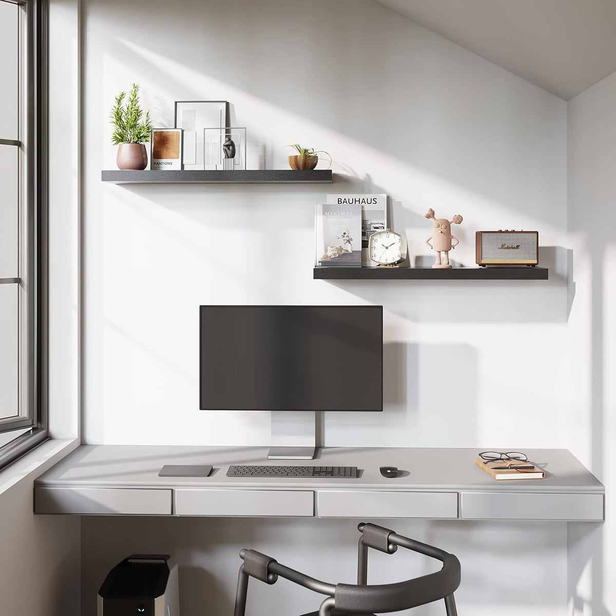 BAMEOS Floating Shelves, 31W x 8D Black Wall Mounted Wooden Shelves with Invisible Brackets Set of