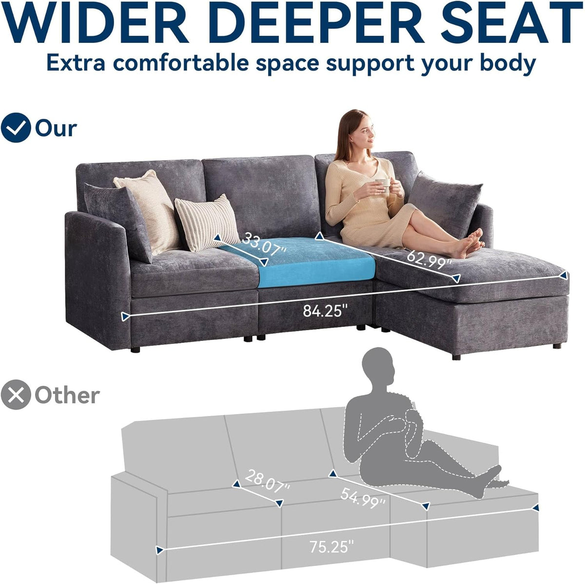 Tbfit Convertible L Shaped Couch, Sectional Sofa for Living Room,Chenille Cloud Couch with Ottoman