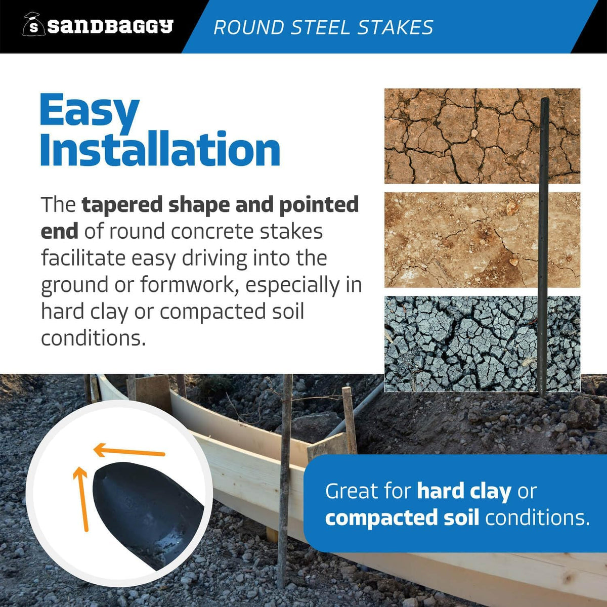 Sandbaggy Round Steel Concrete Form Stakes with Nail Holes - Rust Resistant Coating - Removable