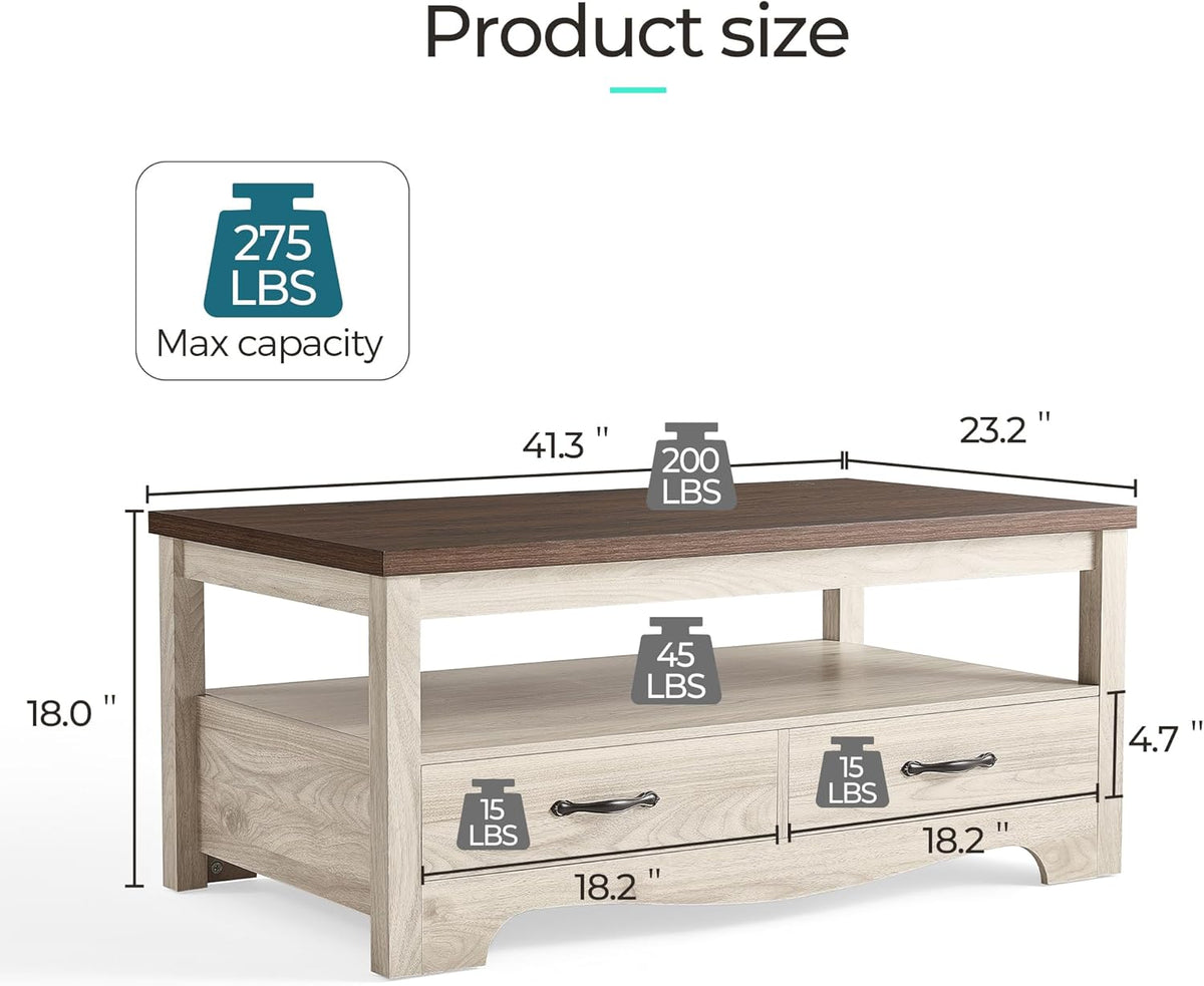 LINSY HOME Farmhouse Coffee Table with Storage, Wood Coffee Table for Living Room, Open Display