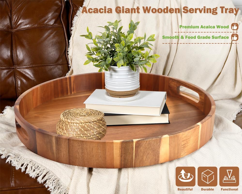 Extra Large Round Serving Tray, 20INCH, Heavy Duty Acacia Wood Trays for Big Ottoman Coffee Table