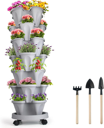 DUNCHATY Stackable Planter with Removable Wheels and Tools, Garden Planting Tower Planters, Indoor