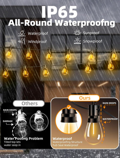 Outdoor Patio String Lights: S14 Shatterproof Bulb Outside Waterproof Light - 50Ft 15M Remote
