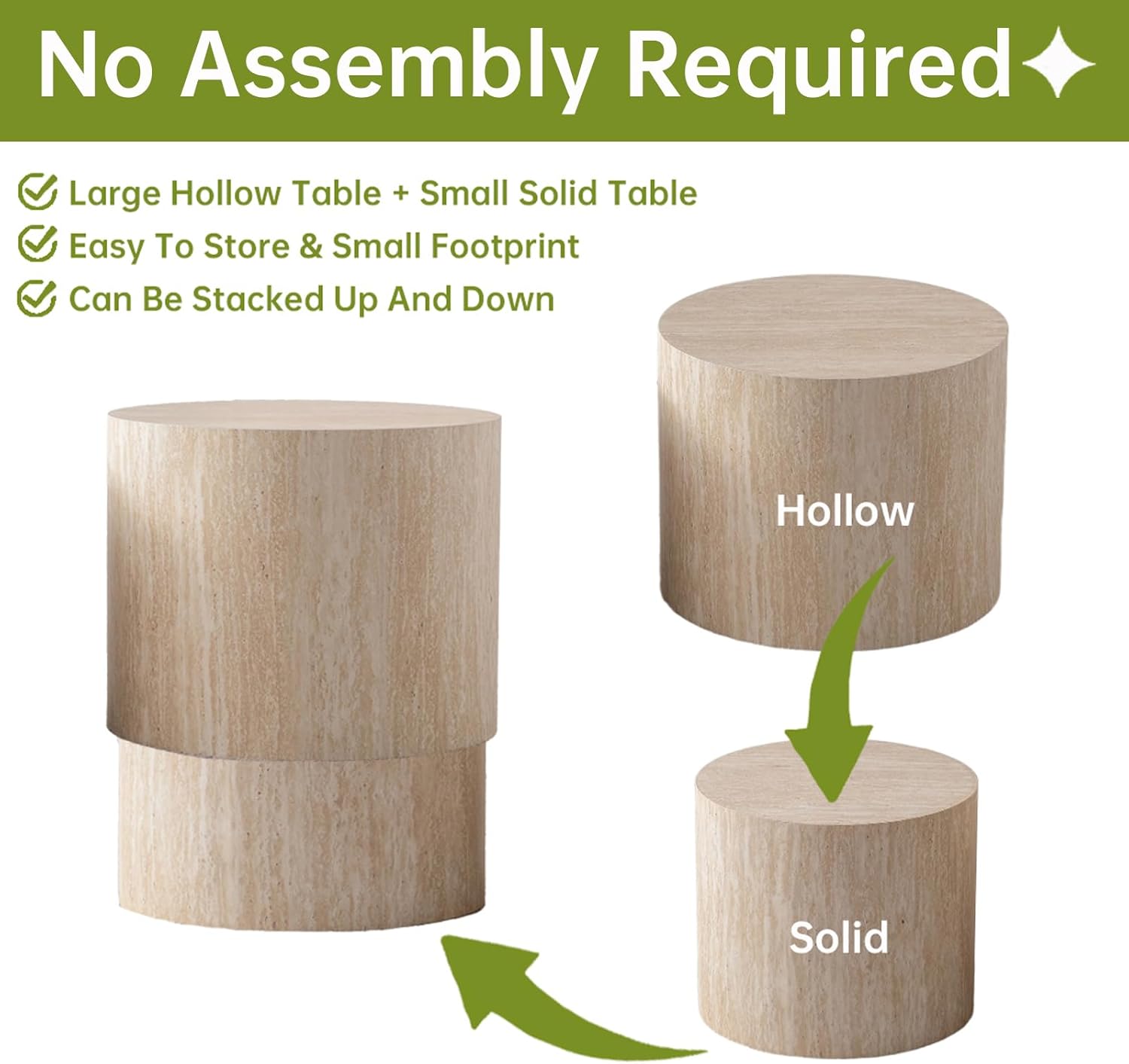 Round Nesting Coffee Table, Drum Wood Coffee Table Set of 2 Travertine-Color, Modern Nesting Tables