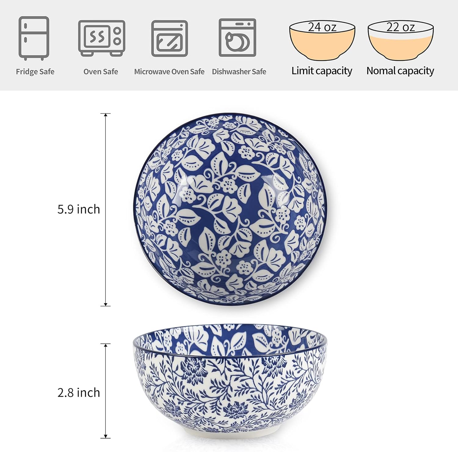 Selamica Ceramic Cereal Bowls Set of 6, 24 Oz Deep Soup Bowls for Kitchen, 5.9 Inch Porcelain