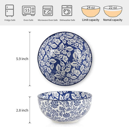 Selamica Ceramic Cereal Bowls Set of 6, 24 Oz Deep Soup Bowls for Kitchen, 5.9 Inch Porcelain