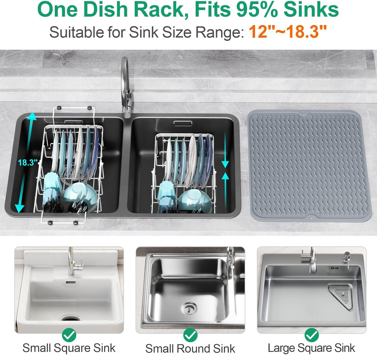 GSlife Expandable in Sink Dish Drying Rack Small with Silicone Mat - Stainless Steel Capacity