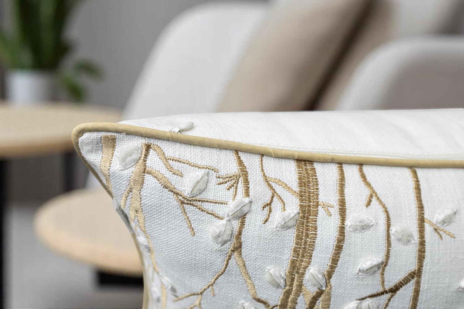 VAGMINE Embroidered Forest Throw Pillow Cover - 20x20 Inches Square - 100% Cotton Ivory Decorative