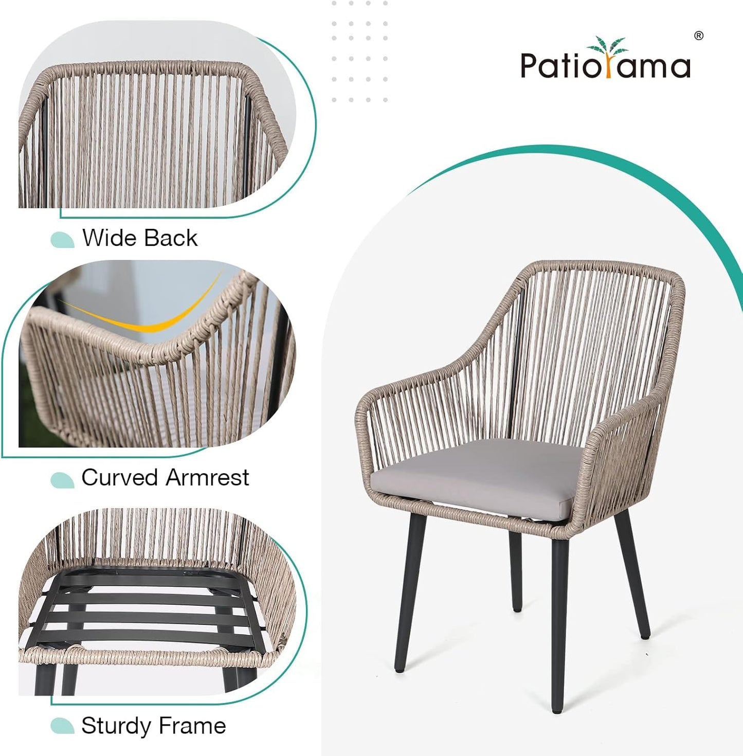 Patiorama Outdoor Dining Chairs, Patio Dining Chair Set of 2, All-Weather Woven Rope Rattan Chairs