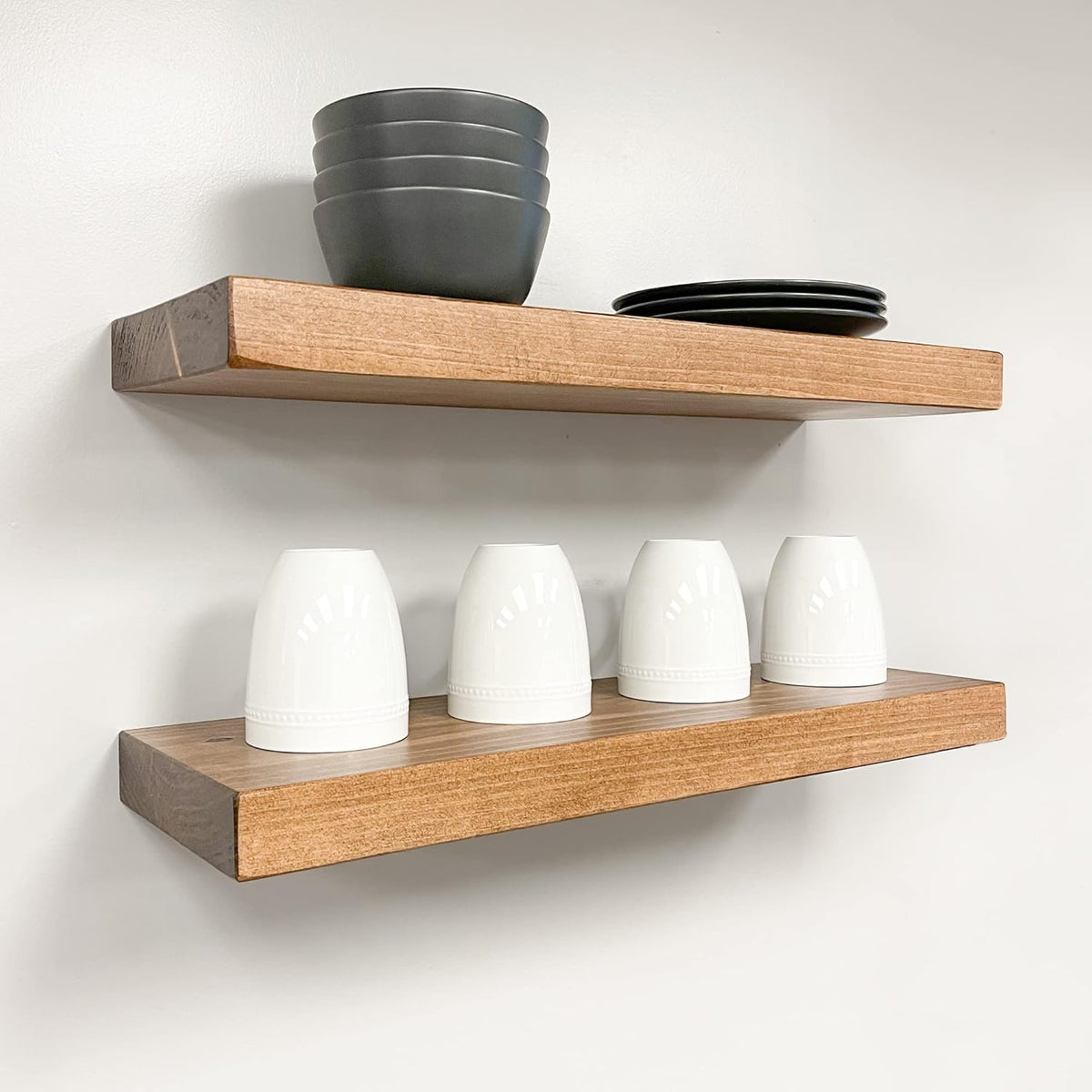 URBANDI, Rustic Floating Shelves, Set of 2, Hidden Bracket, Solid Wood, Heavy Duty, Wall Mounted