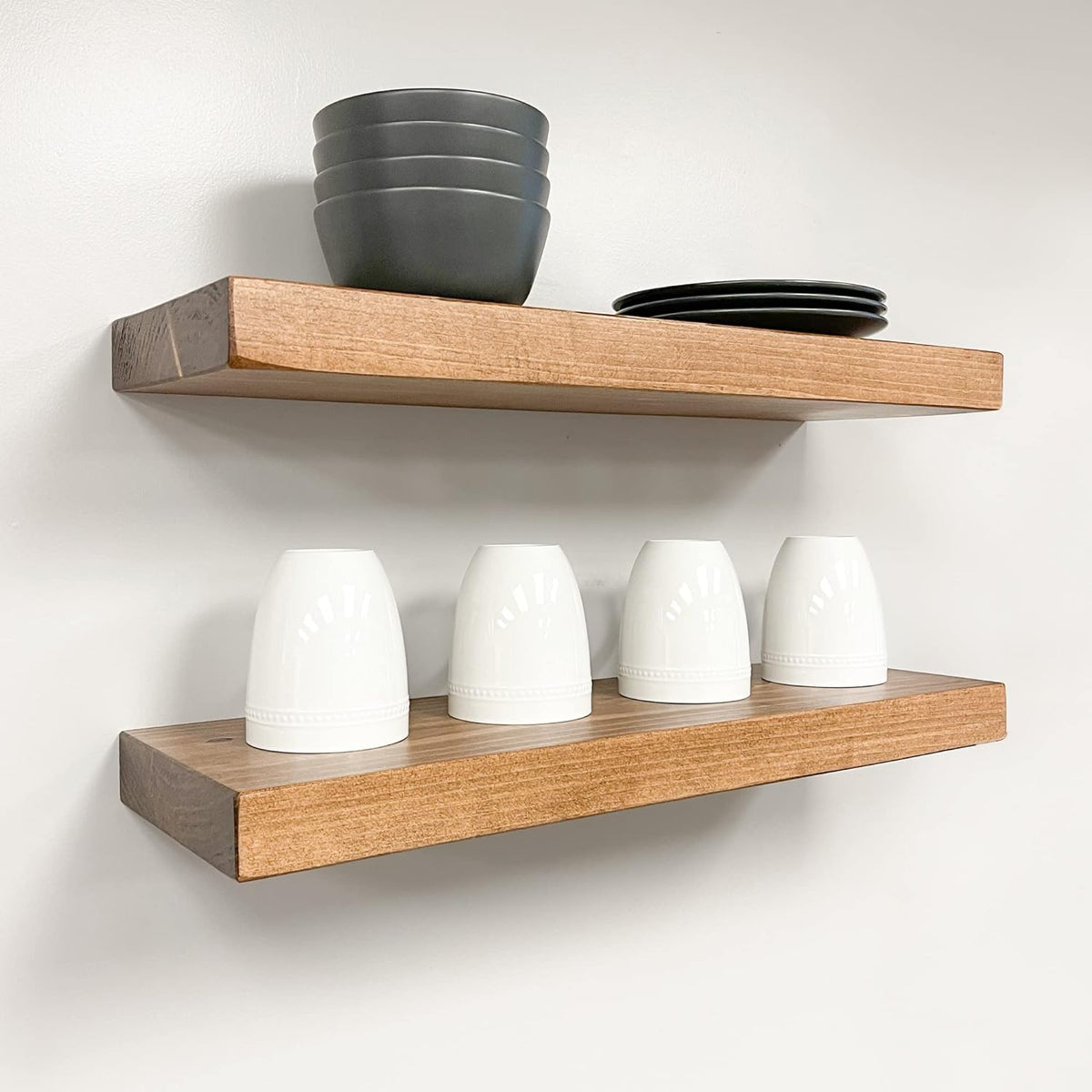URBANDI, Rustic Floating Shelves, Set of 2, Hidden Bracket, Solid Wood, Heavy Duty, Wall Mounted