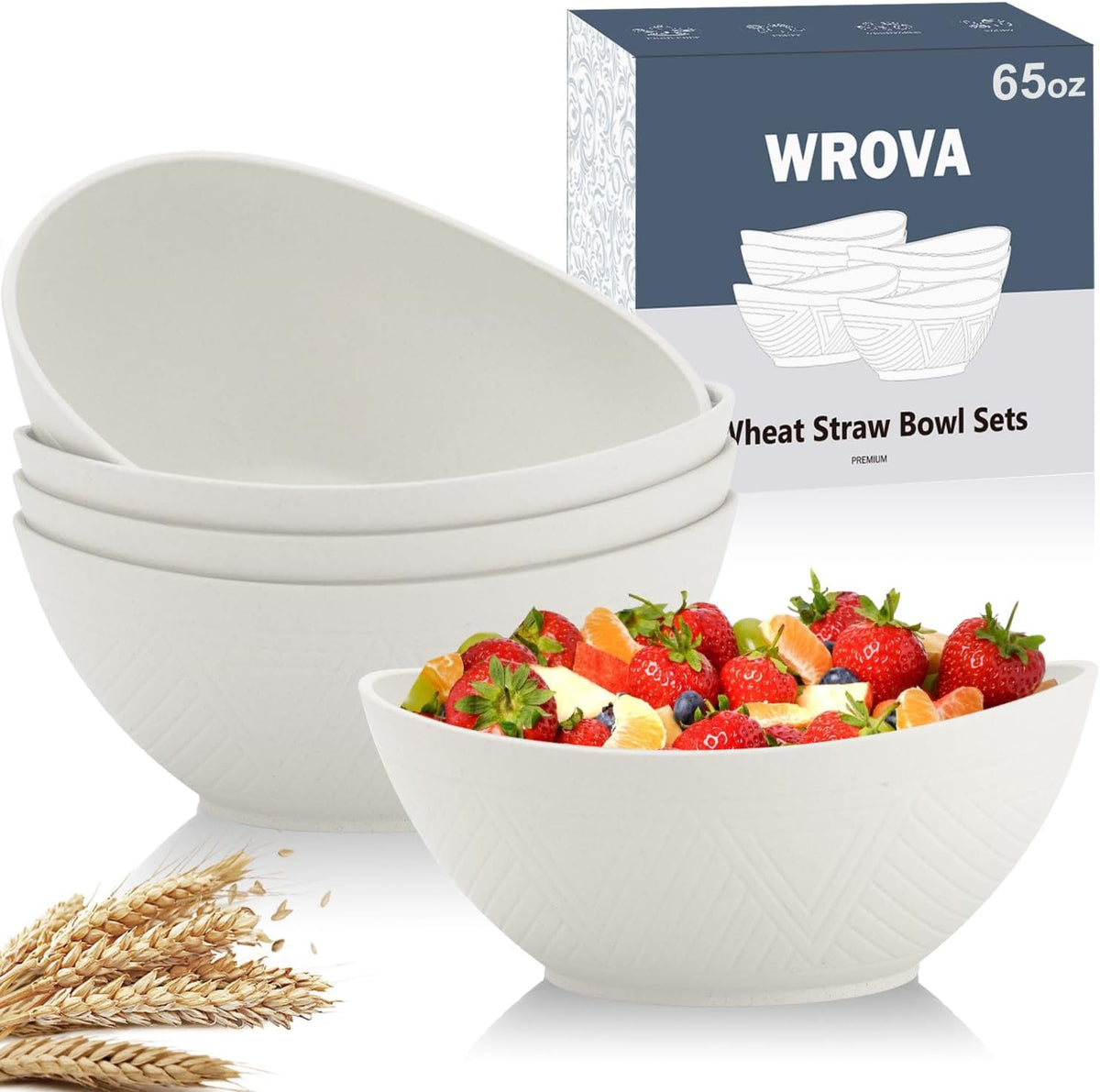 65oz Large Salad Bowls Ivory - Wheat Straw Salad bowls Set of 4 - Unbreakable Salad Bowls Dishware