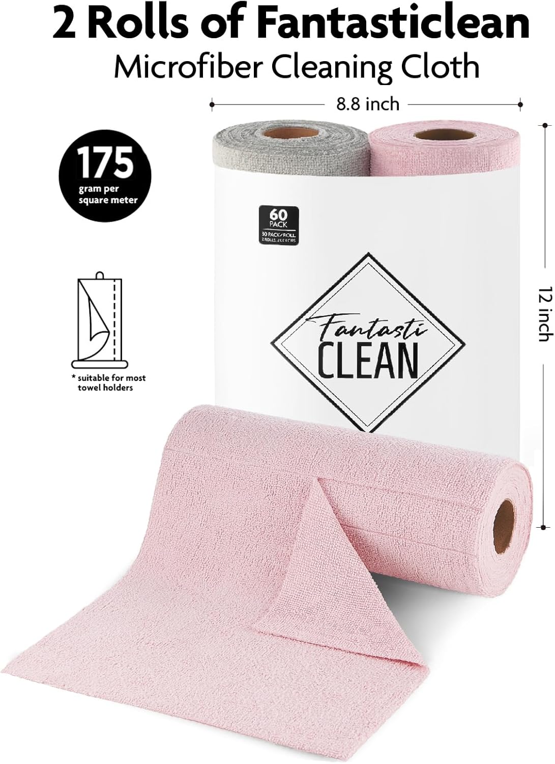 Fantasticlean Microfiber Cleaning Cloth Roll -60 Pack, Tear Away Microfiber Towels, 12" x 12"