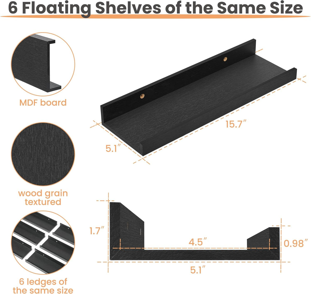 upsimples Floating Shelves for Wall, Wall Shelves for Decor Storage Set of 6, Wall Mounted Wood