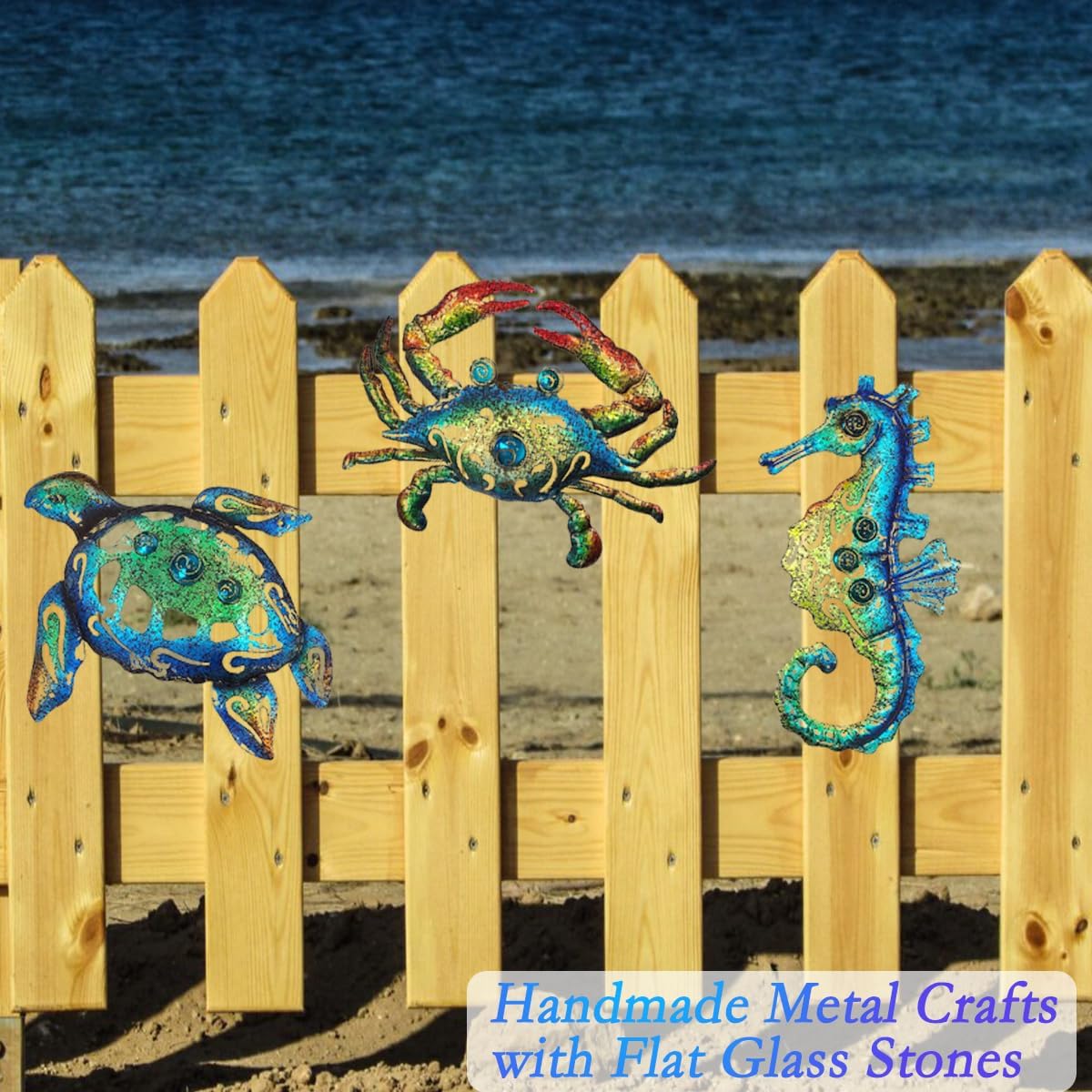 Weibefee Metal Sea Turtle Seahorse Crab Beach Themed Bathroom Wall Art Decor, Ocean Themed Wall