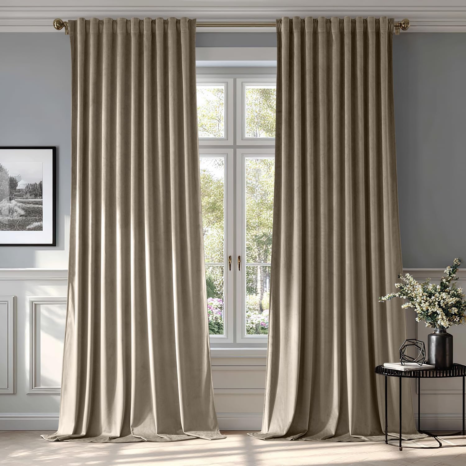 MIULEE Taupe Velvet Curtains 84 inches 2 Panels - Luxury Room Darkening Window Drapes for Bedroom
