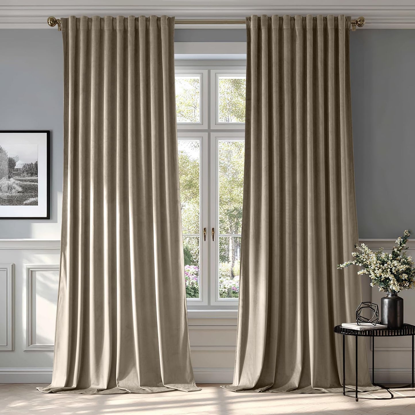 MIULEE Taupe Velvet Curtains 90 inches 2 Panels - Luxury Room Darkening Window Drapes for Bedroom