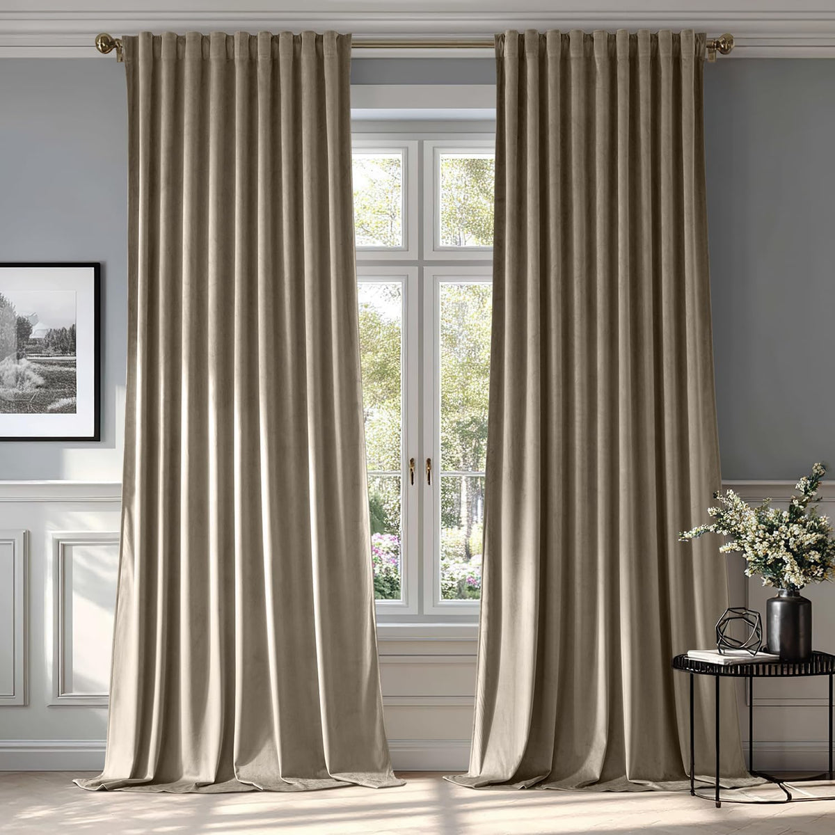 MIULEE Taupe Velvet Curtains 96 inches 2 Panels - Luxury Room Darkening Window Drapes for Bedroom