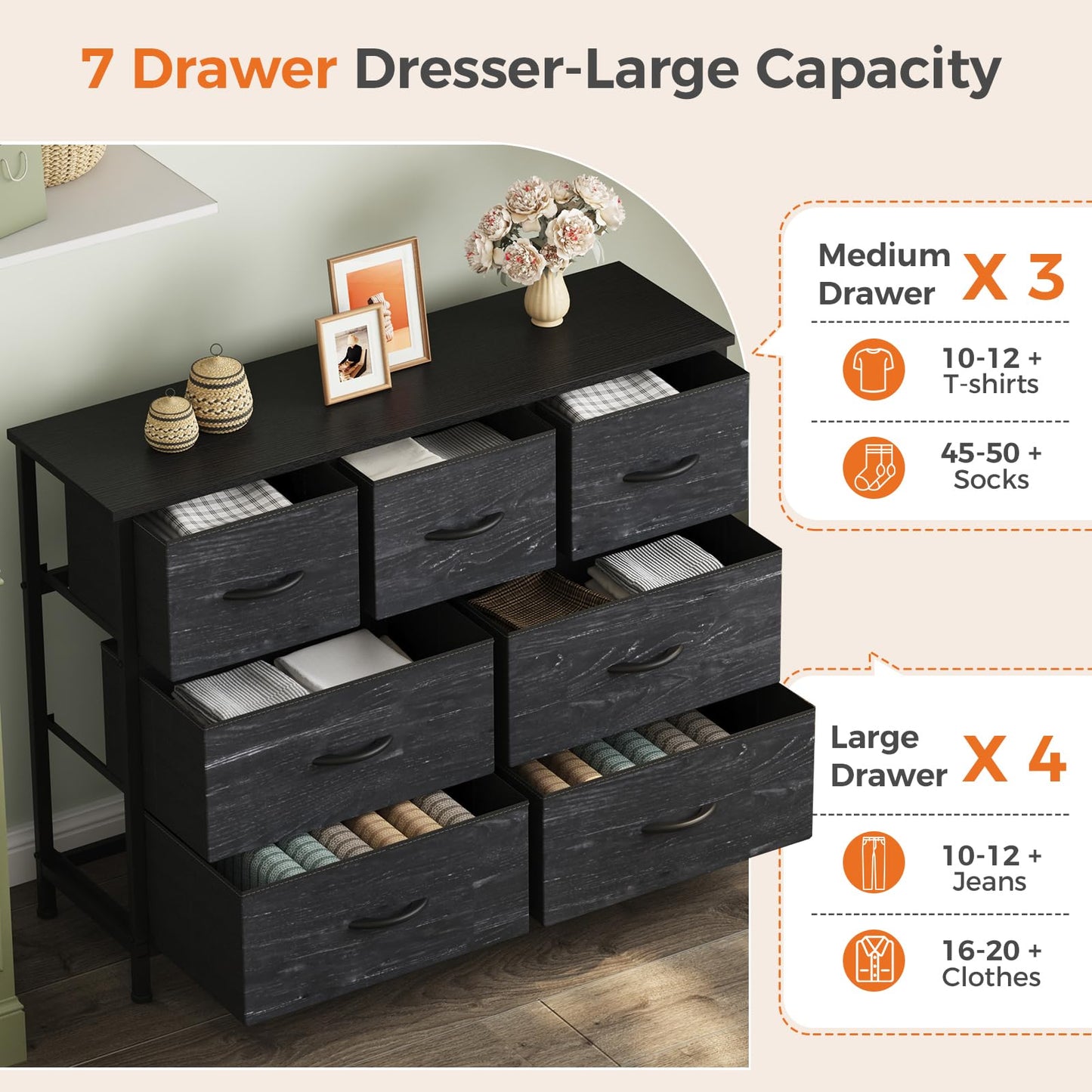 Sweetcrispy 7 Drawer Dresser for Bedroom Storage with Fabric Bins