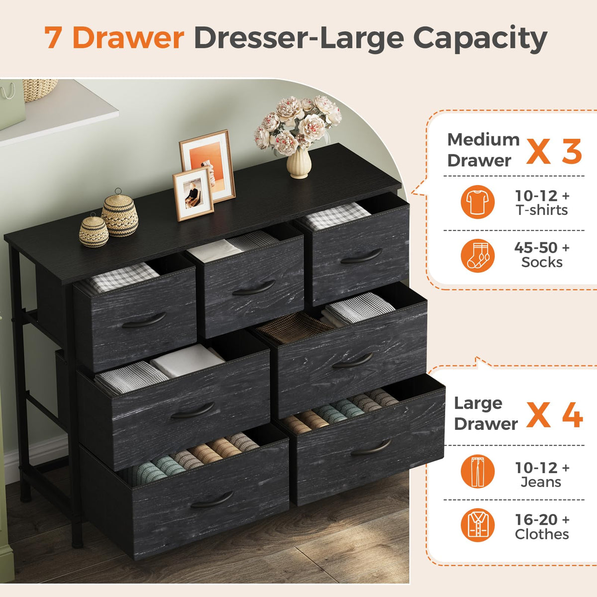 Sweetcrispy 7 Drawer Dresser for Bedroom Storage with Fabric Bins