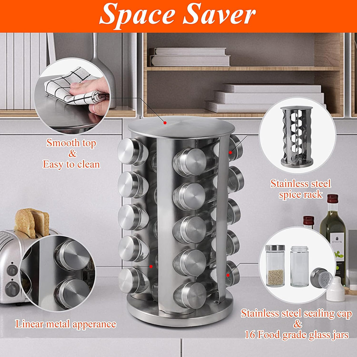 DOUBLE 2 C Revolving Spice Rack with 20 Jars, Rotating Spice Rack Organizer, Seasoning Organizer