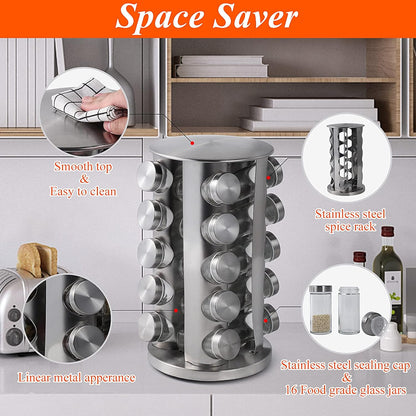 DOUBLE 2 C Revolving Spice Rack with 20 Jars, Rotating Spice Rack Organizer, Seasoning Organizer