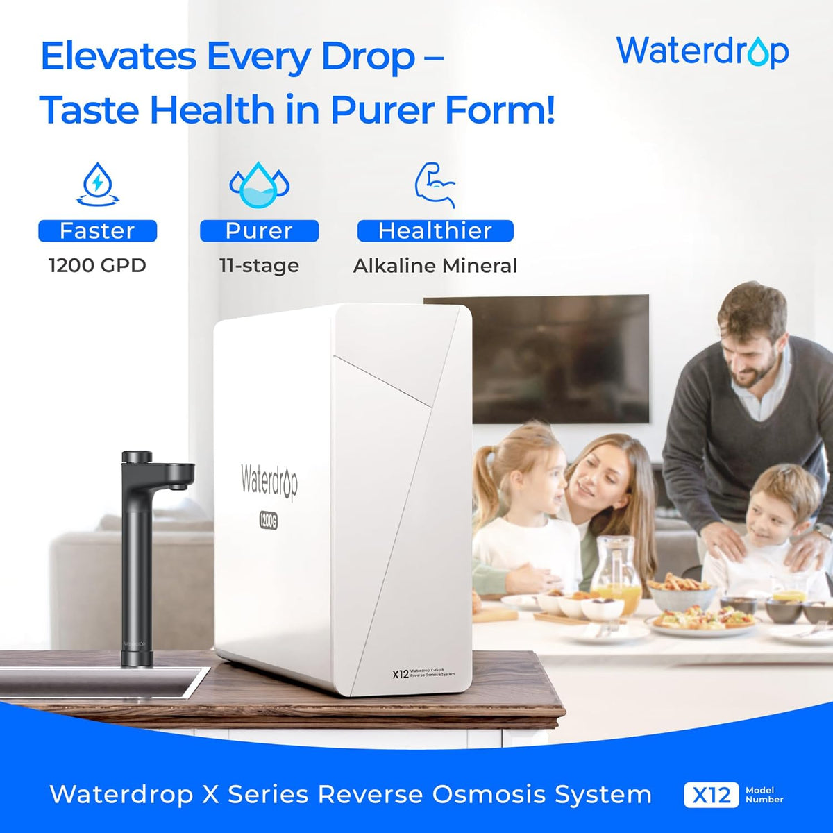 Waterdrop X12-Alkaline Mineral pH+ Tankless Reverse Osmosis System, NSF/ANSI 42&58&372 Certified