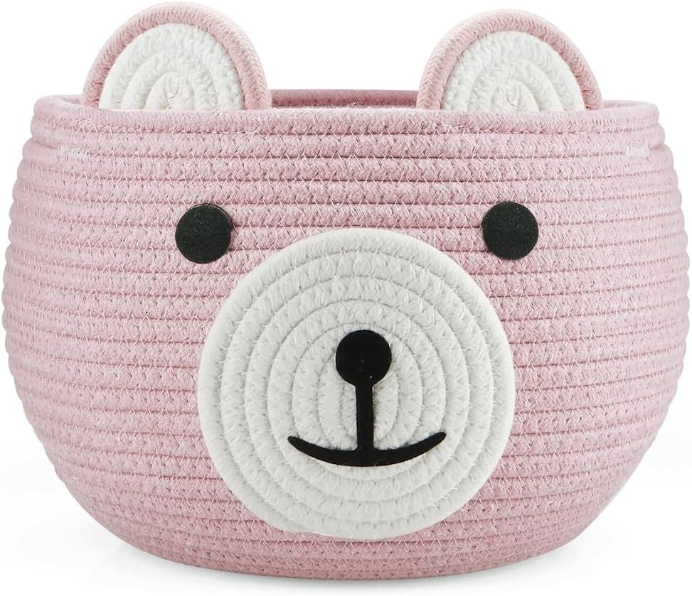 PandaEar Cotton Rope Baby Basket, Baby Gift Basket Nursery Laundry Organizer with Cute Bear Design