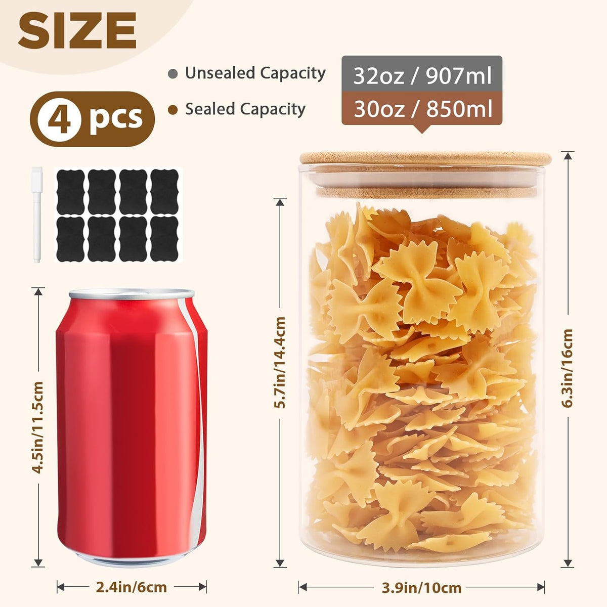 32oz Glass Food Storage Jars, Glass Jars with Bamboo Lids, Kitchen Storage Jars, Canisters with