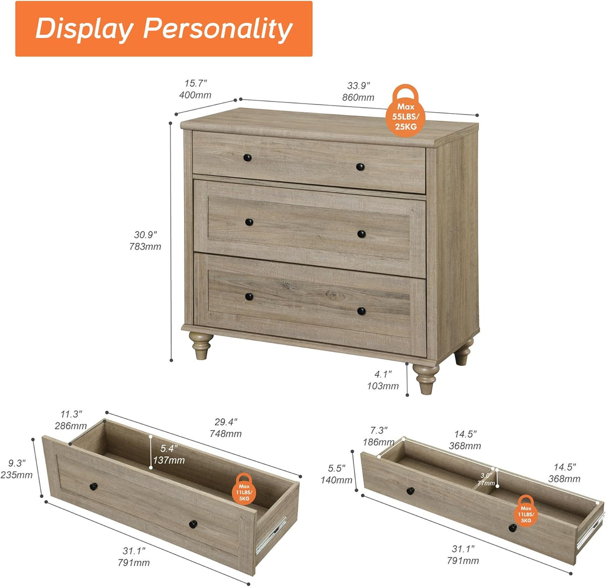WAMPAT Baby Dresser for Bedroom with 3 Drawers, Kids Dressers with Wide Chest of Drawers, Modern