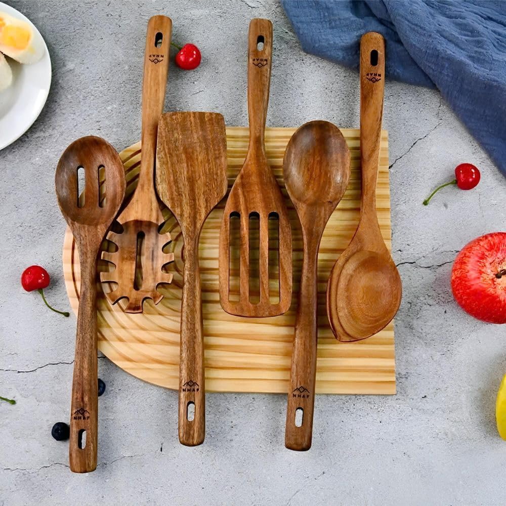 Wooden Utensils for Cooking, Premium Teak Healthy Spoons, Wooden Spoons for Cooking, Durable
