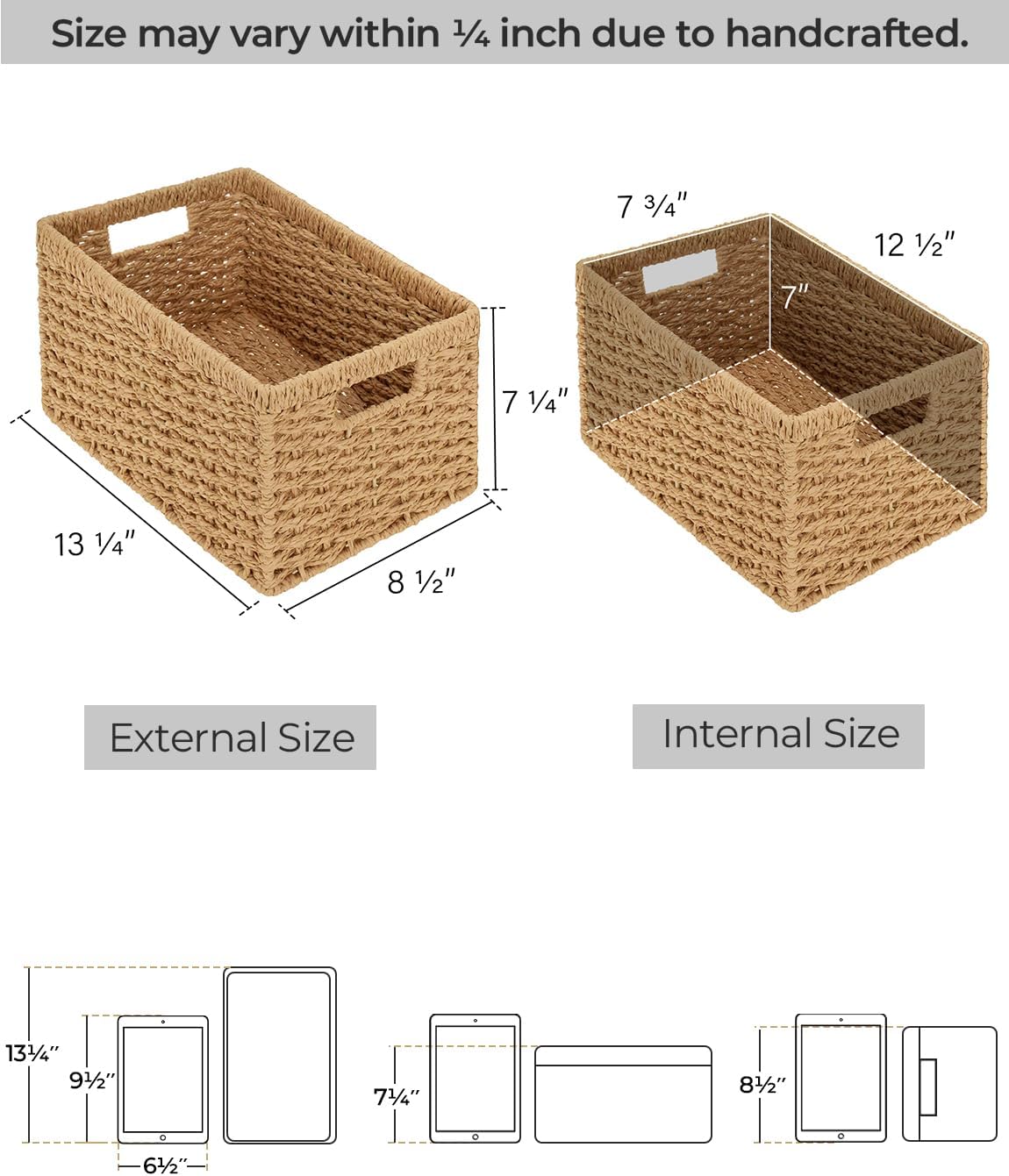 StorageWorks Round Paper Rope Storage Baskets, Rectangular Wicker Baskets with Built-in Handles