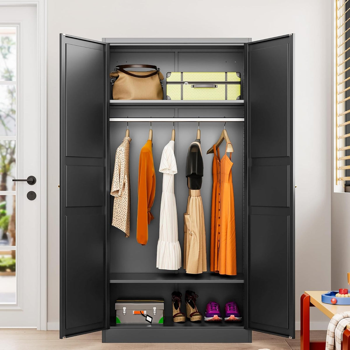 SISESOL Metal Wardrobe Cabinet with Hanging Rod,Black Armoire Wardrobe Closet,Metal Clothing